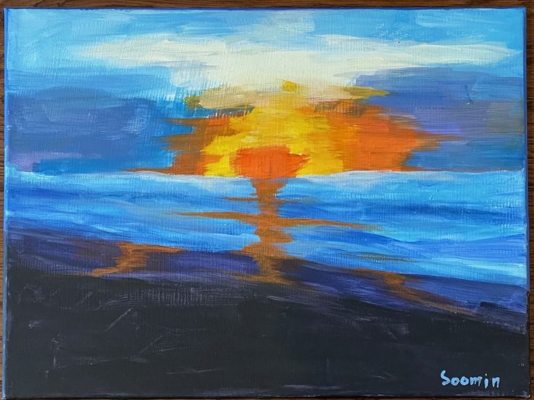 콜라쥬 작품들과 노을 그림